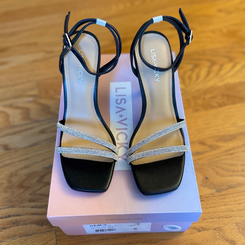 Lisa Vicky Elegant Black and Silver Stiletto Heels with Strappy Design